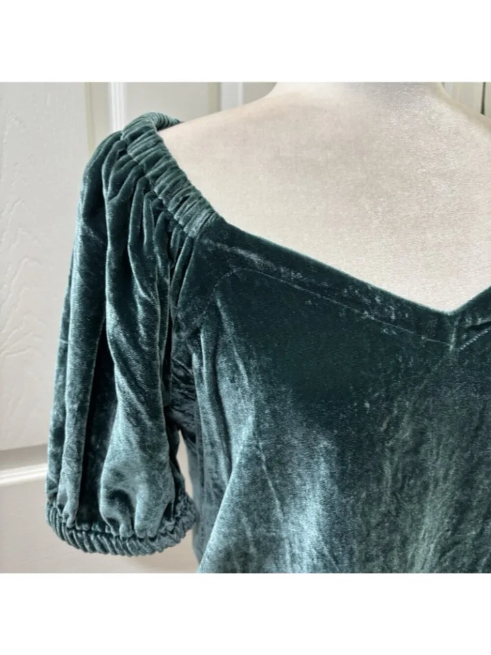 Loft Velvet Sweetheart Neck Puff Sleeve Green Blouse Women Small